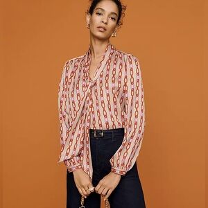 Ann Taylor chain print tie neck blouse